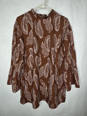 Long Sleeve Feather Print Brown Tunic